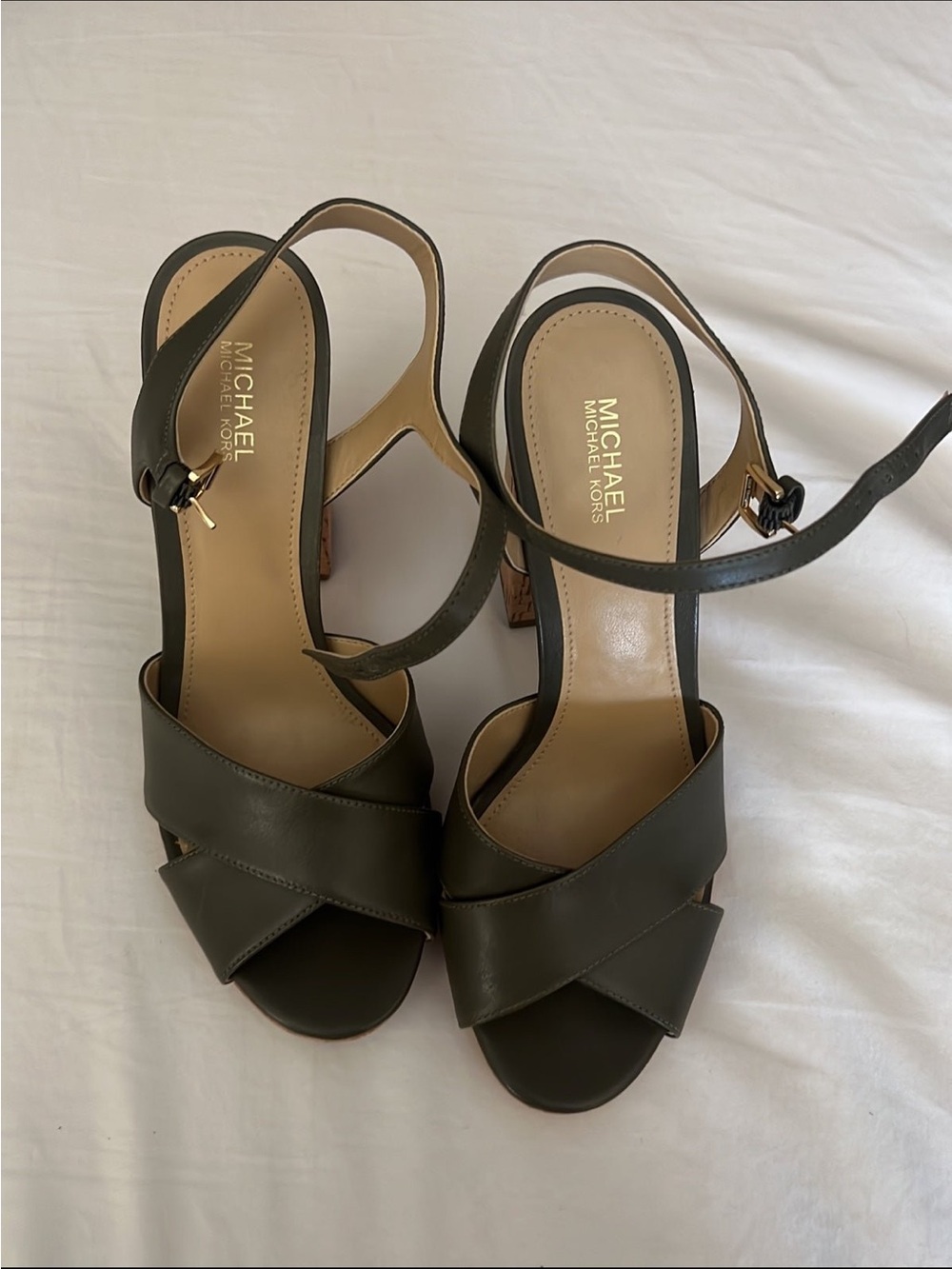 MICHAEL Michael Kors Olive Green Leather Cross-Strap Heels